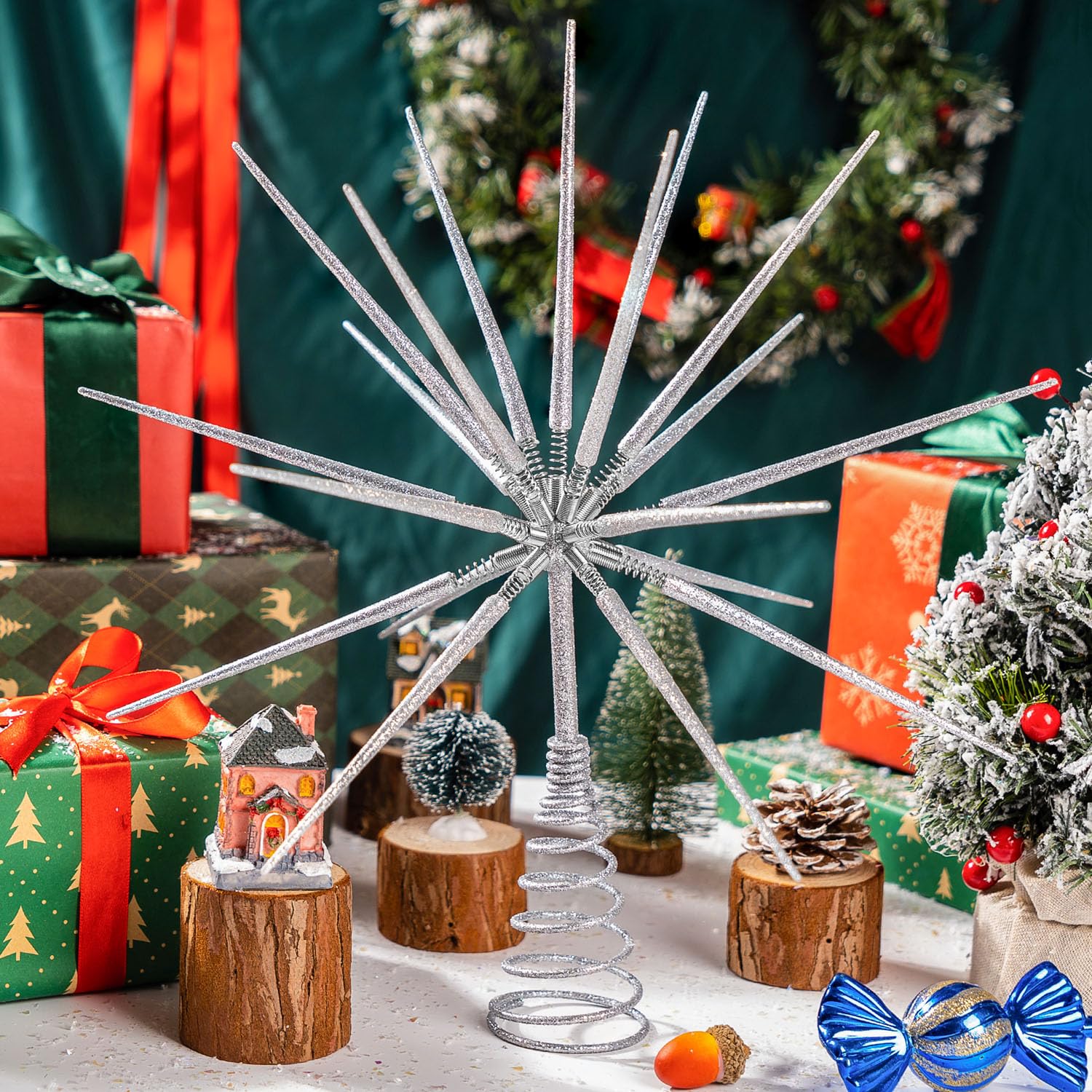 【Silver】Supreme Christmas Tree Topper Silver Shatterproof Tree Topper Ornament Set - Decorator's